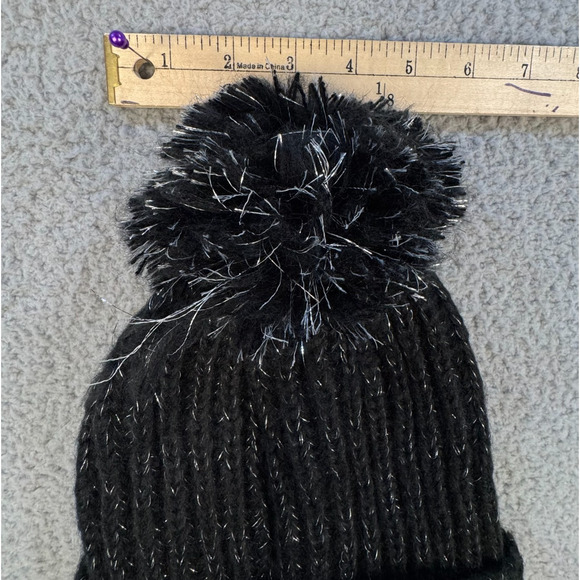 Black Knit Pom Pom Beanie Hat Silver Metallic Thread Womens One Size - Picture 4 of 5